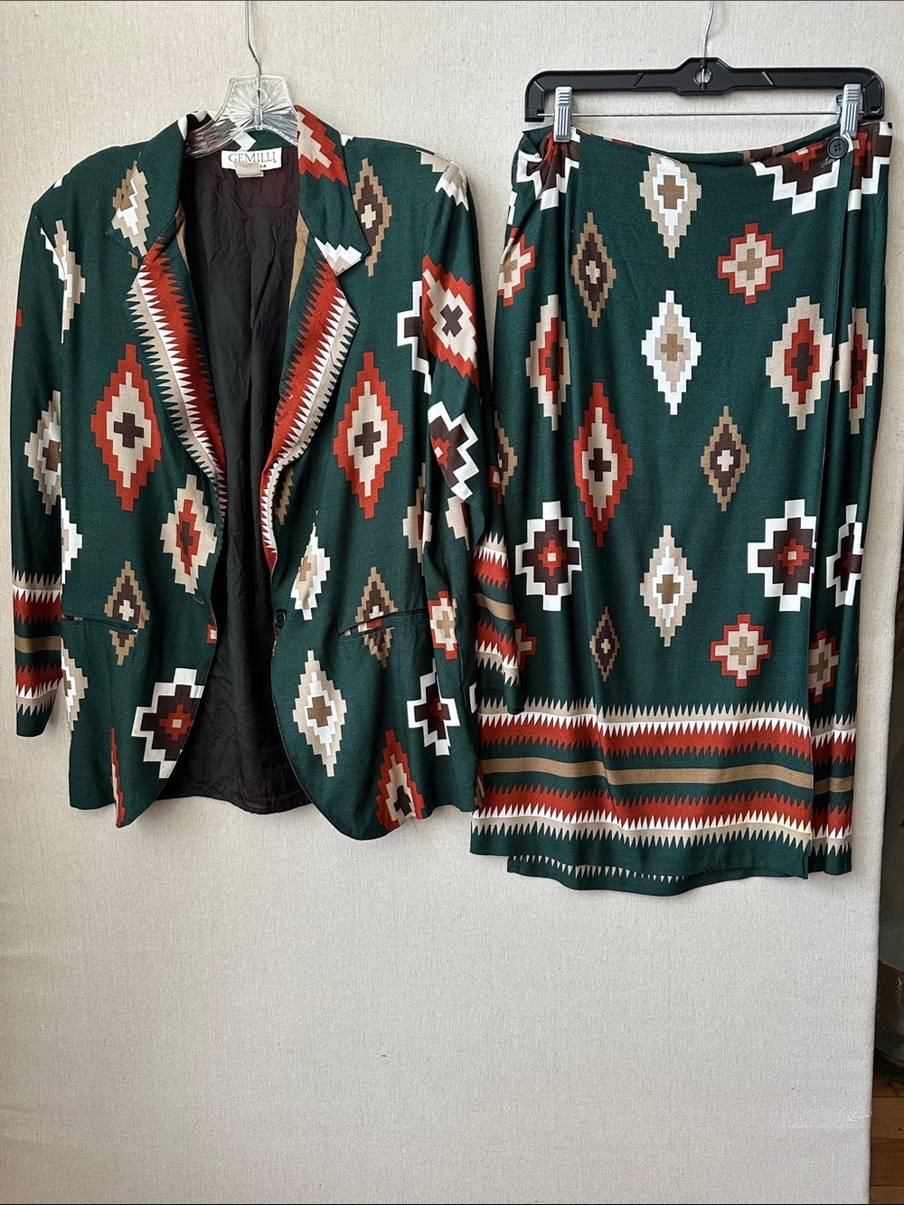 Vintage Pendleton-style Aztec Print Blazer and Skirt Set in Forest Green & Rust